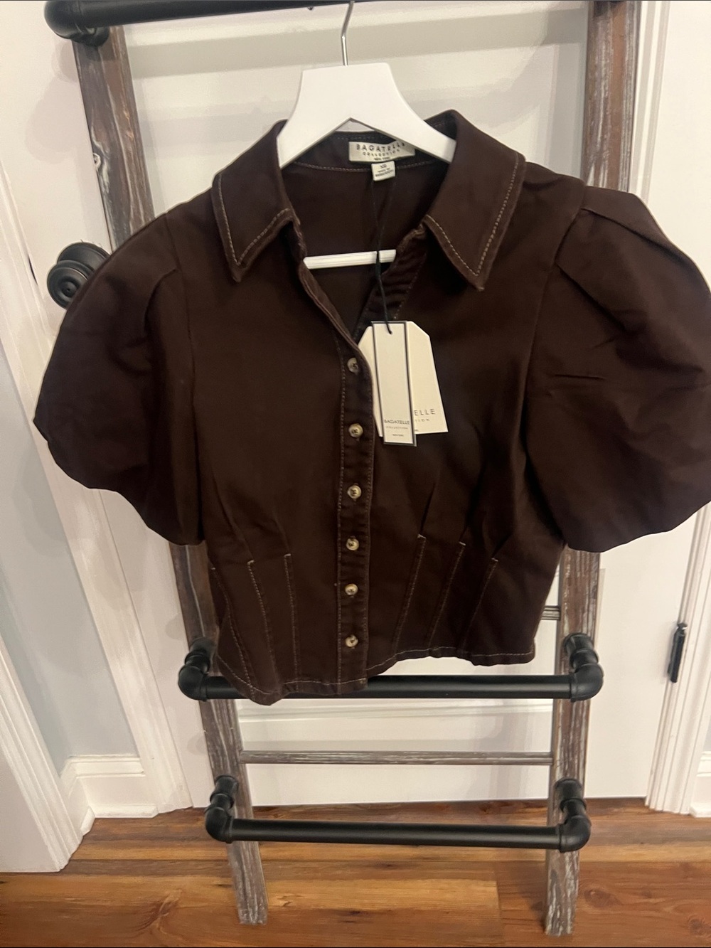 bagatelle Dark Brown Puff-Sleeve Button Front Shirt